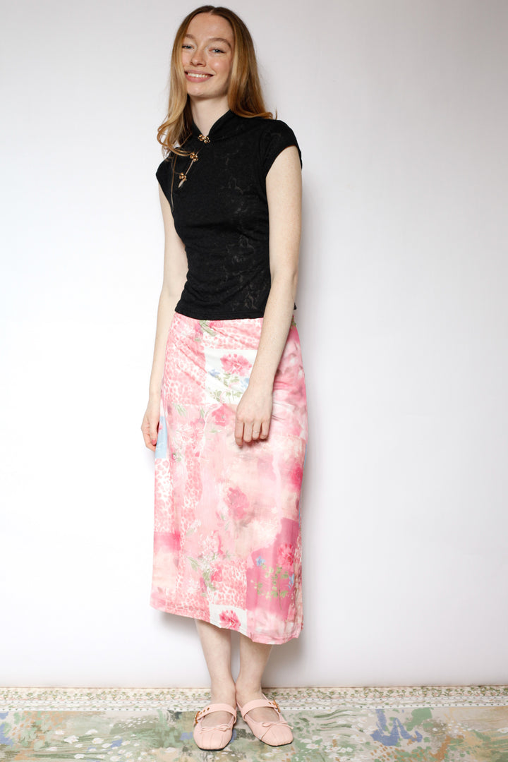 Cotton Mesh Collage Floral Midi Skirt