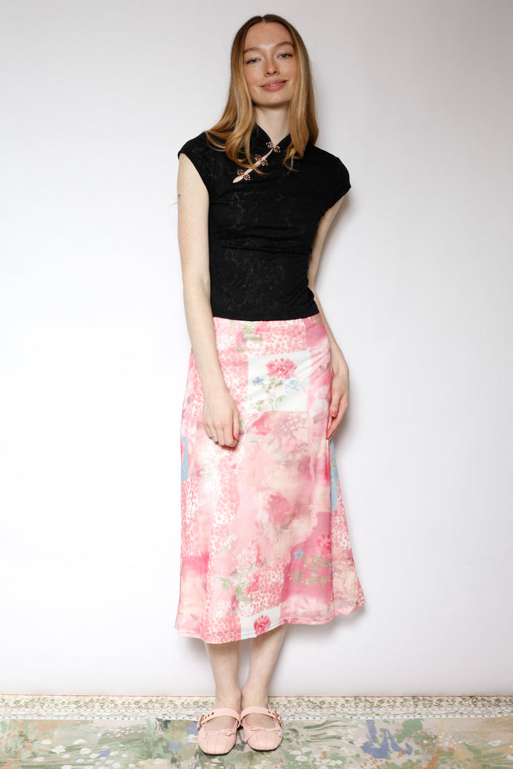 Cotton Mesh Collage Floral Midi Skirt