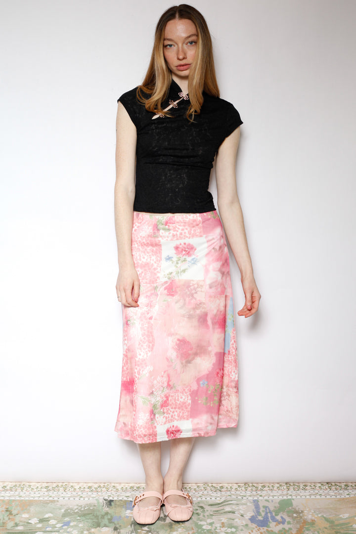 Cotton Mesh Collage Floral Midi Skirt