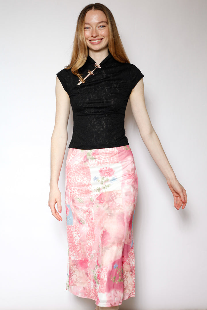Cotton Mesh Collage Floral Midi Skirt