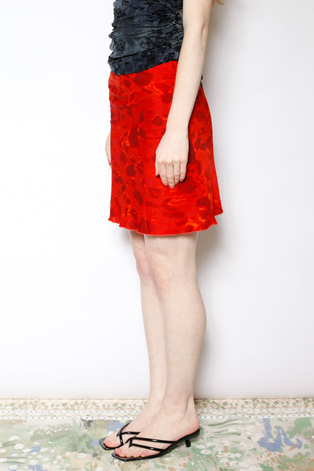 Cotton Mesh Red Floral Short Skirt