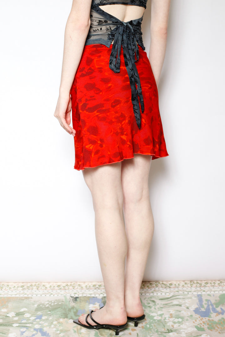 Cotton Mesh Red Floral Short Skirt