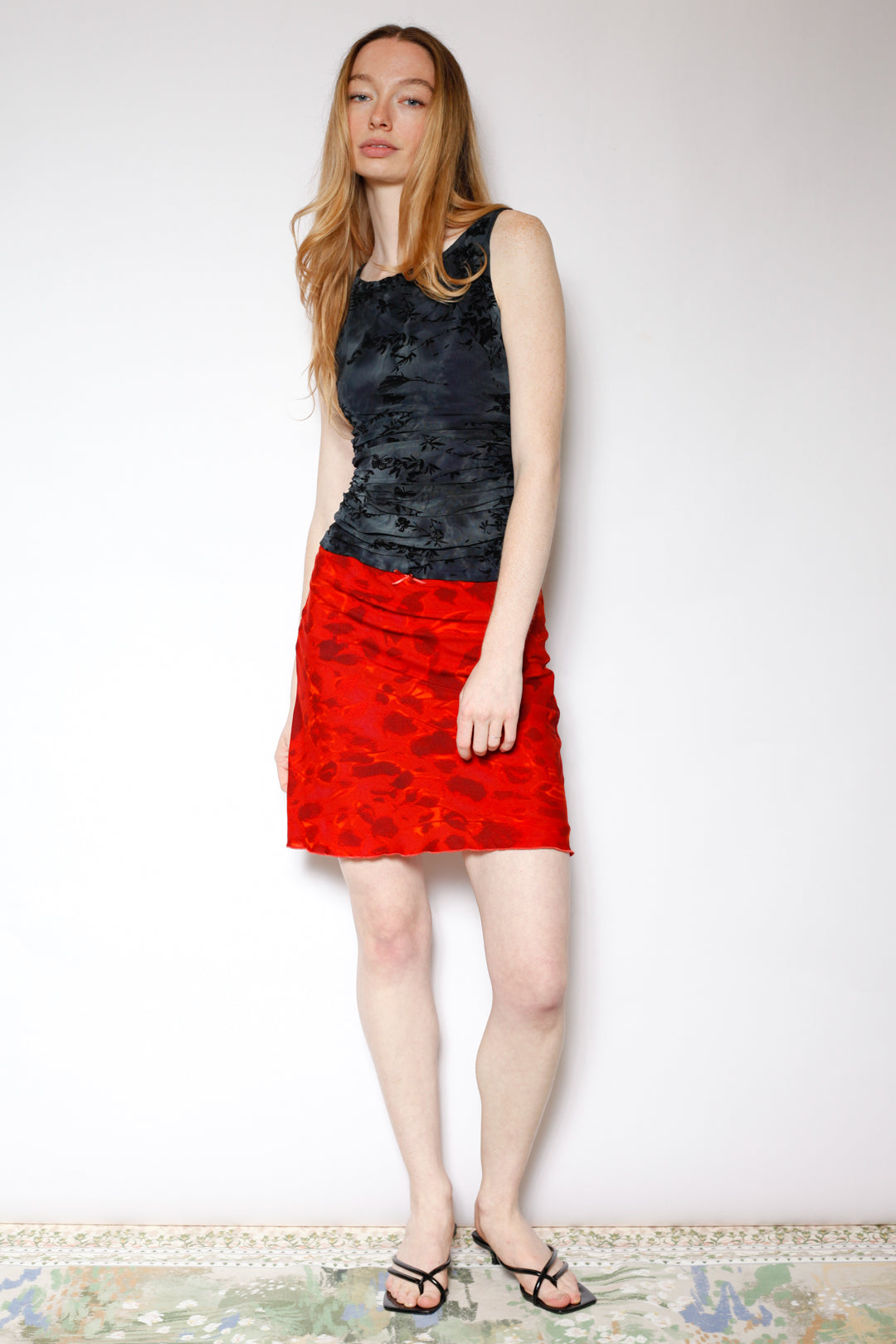 Cotton Mesh Red Floral Short Skirt