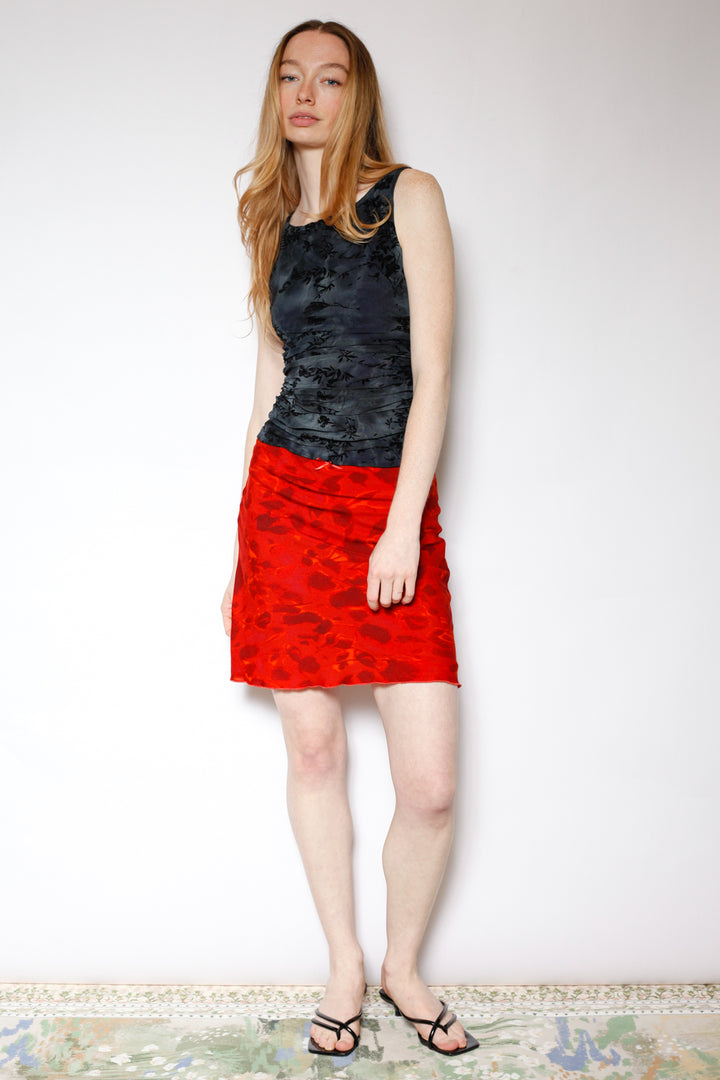 Cotton Mesh Red Floral Short Skirt