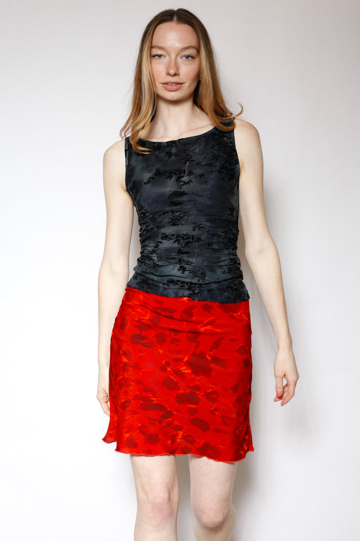 Cotton Mesh Red Floral Short Skirt