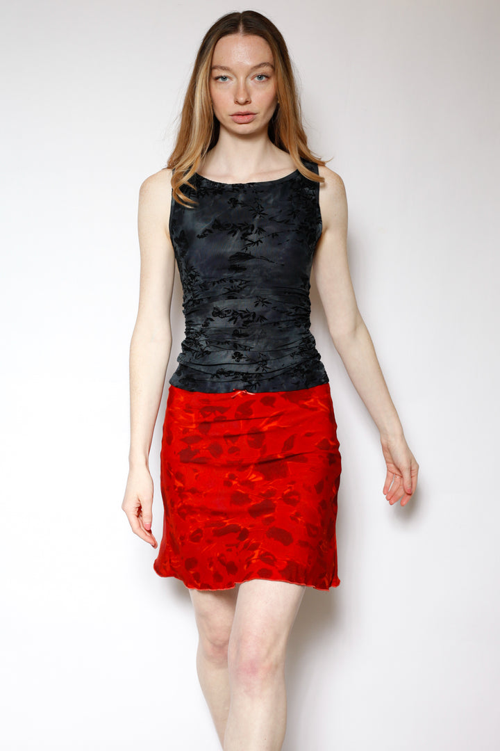 Cotton Mesh Red Floral Short Skirt
