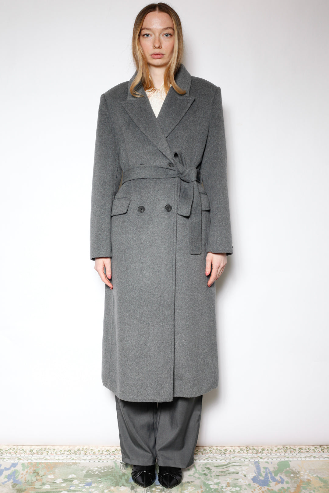 100% Merino Wool Grey Tailored Belted Coat