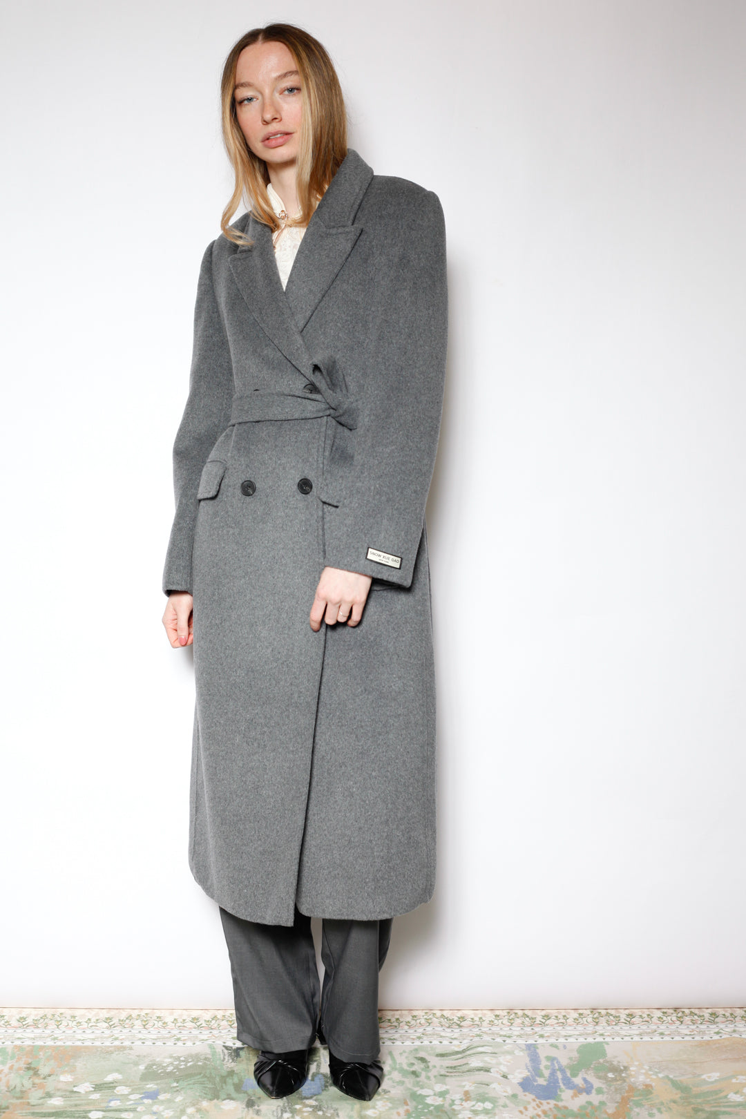 100% Merino Wool Grey Tailored Belted Coat