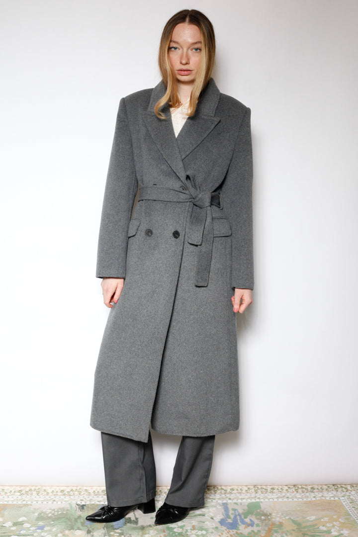 100% Merino Wool Grey Tailored Belted Coat