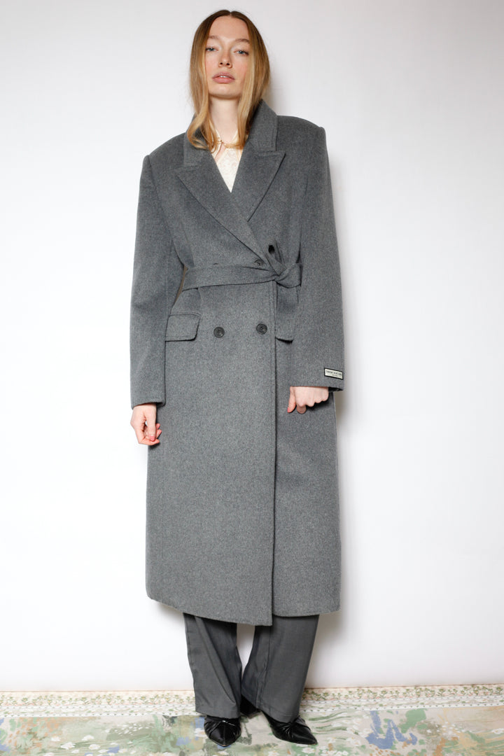100% Merino Wool Grey Tailored Belted Coat