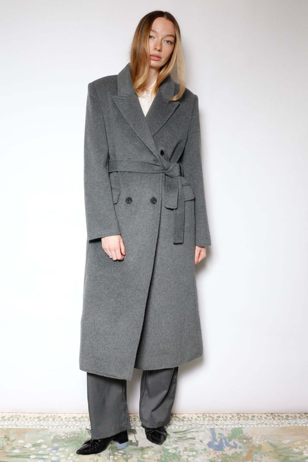 100% Merino Wool Grey Tailored Belted Coat