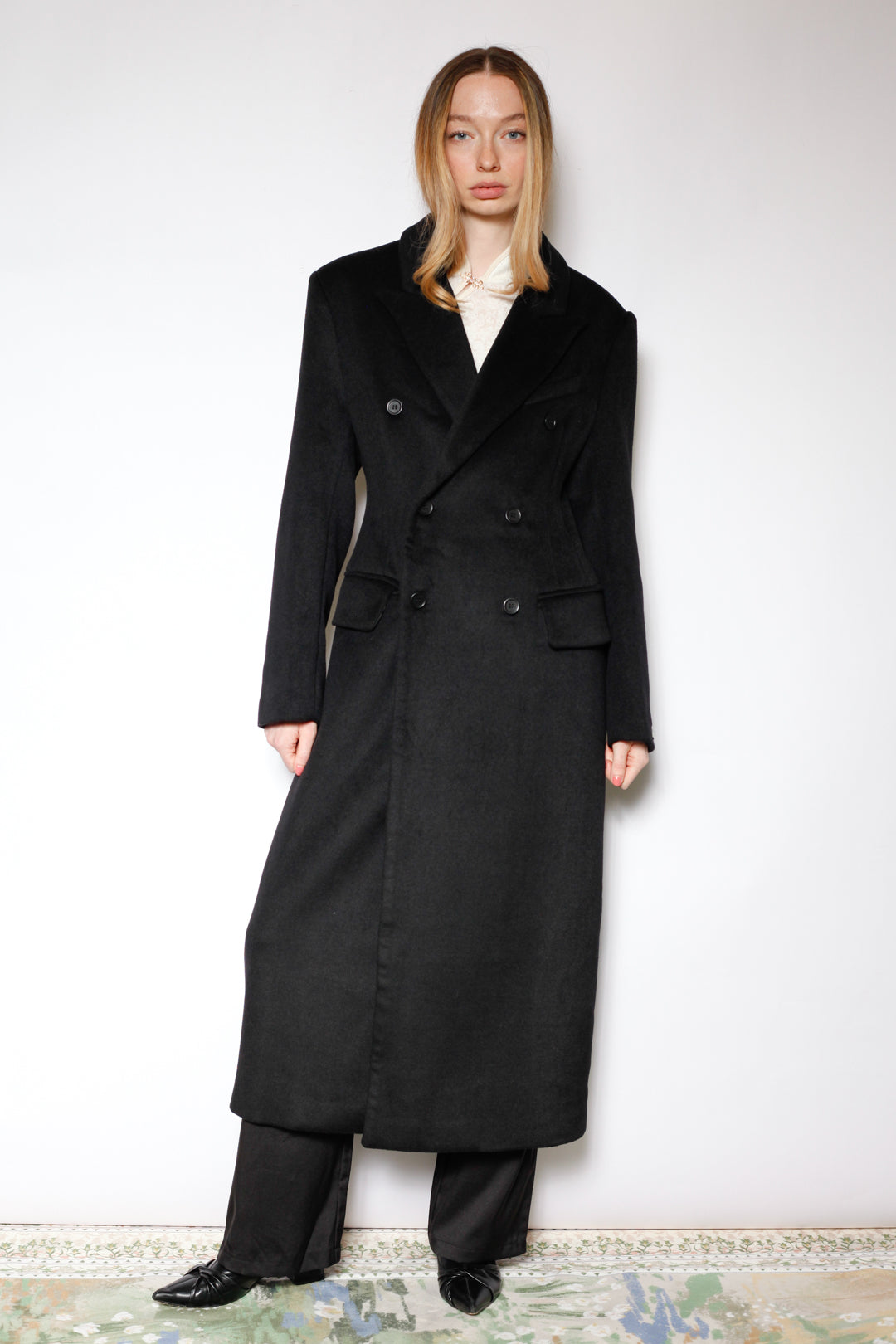 100% Merino Wool Black Structured Long Coat