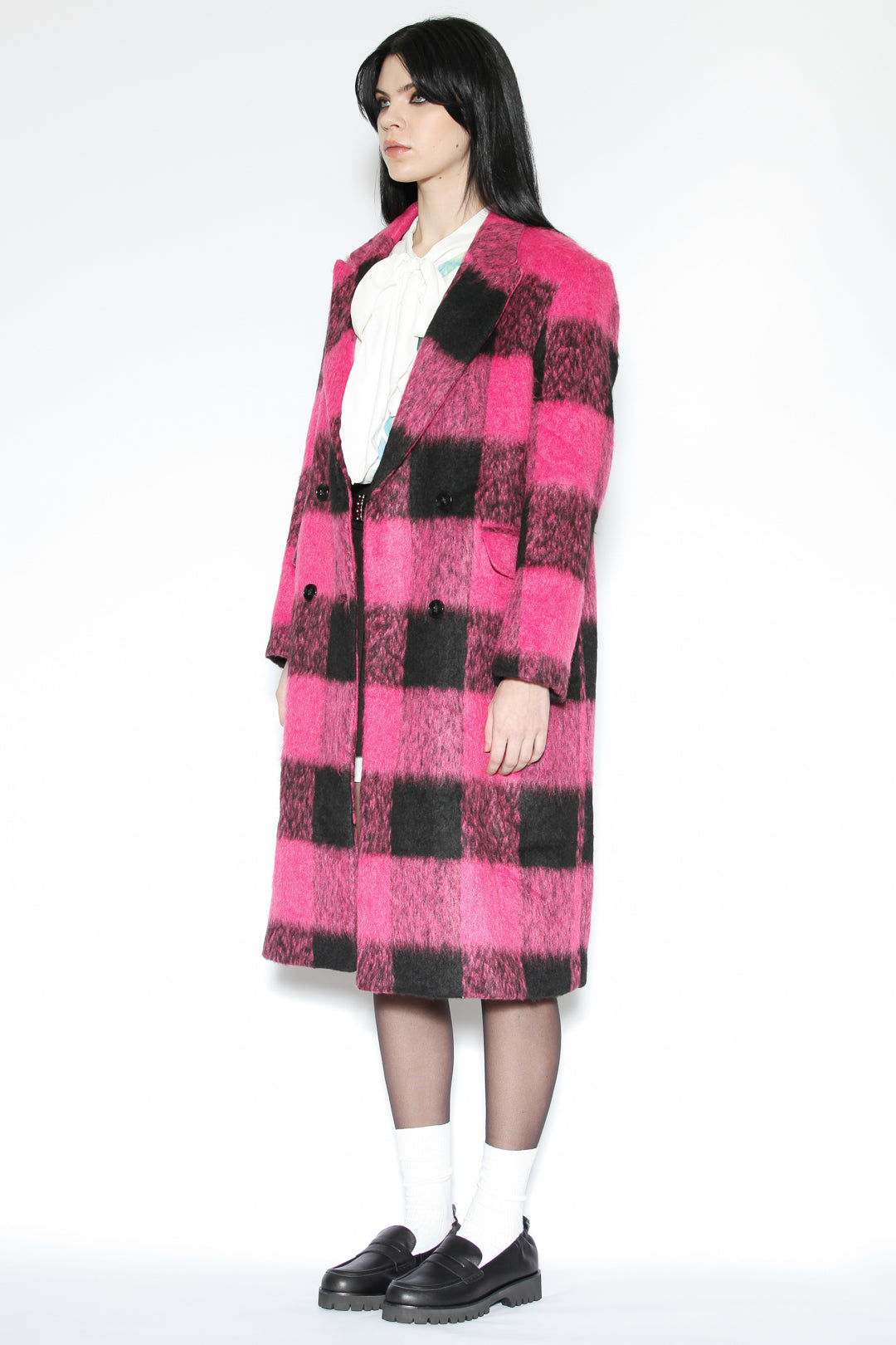 Heavy Wool Pink Black Plaid Coat