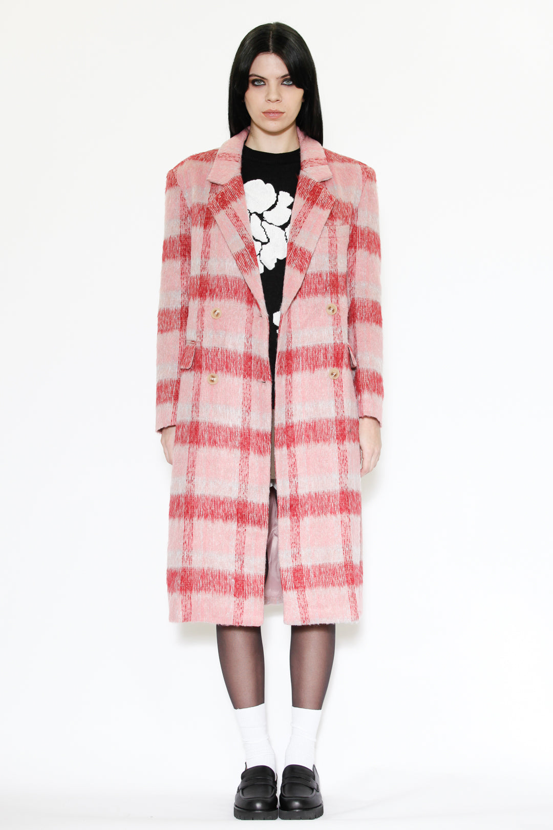 Abrigo de lana pesada a cuadros en rosa y blanco