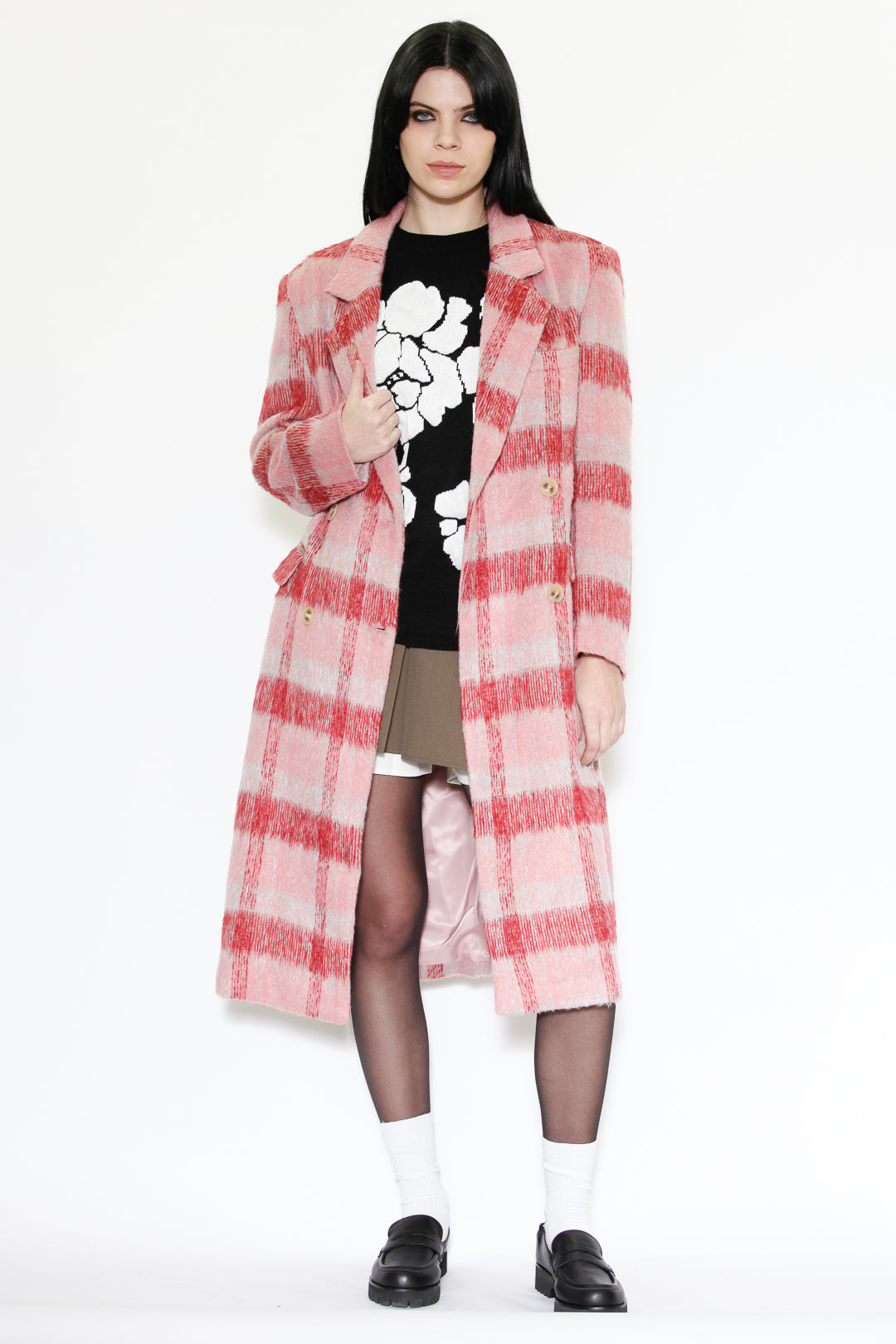 Abrigo de lana pesada a cuadros en rosa y blanco