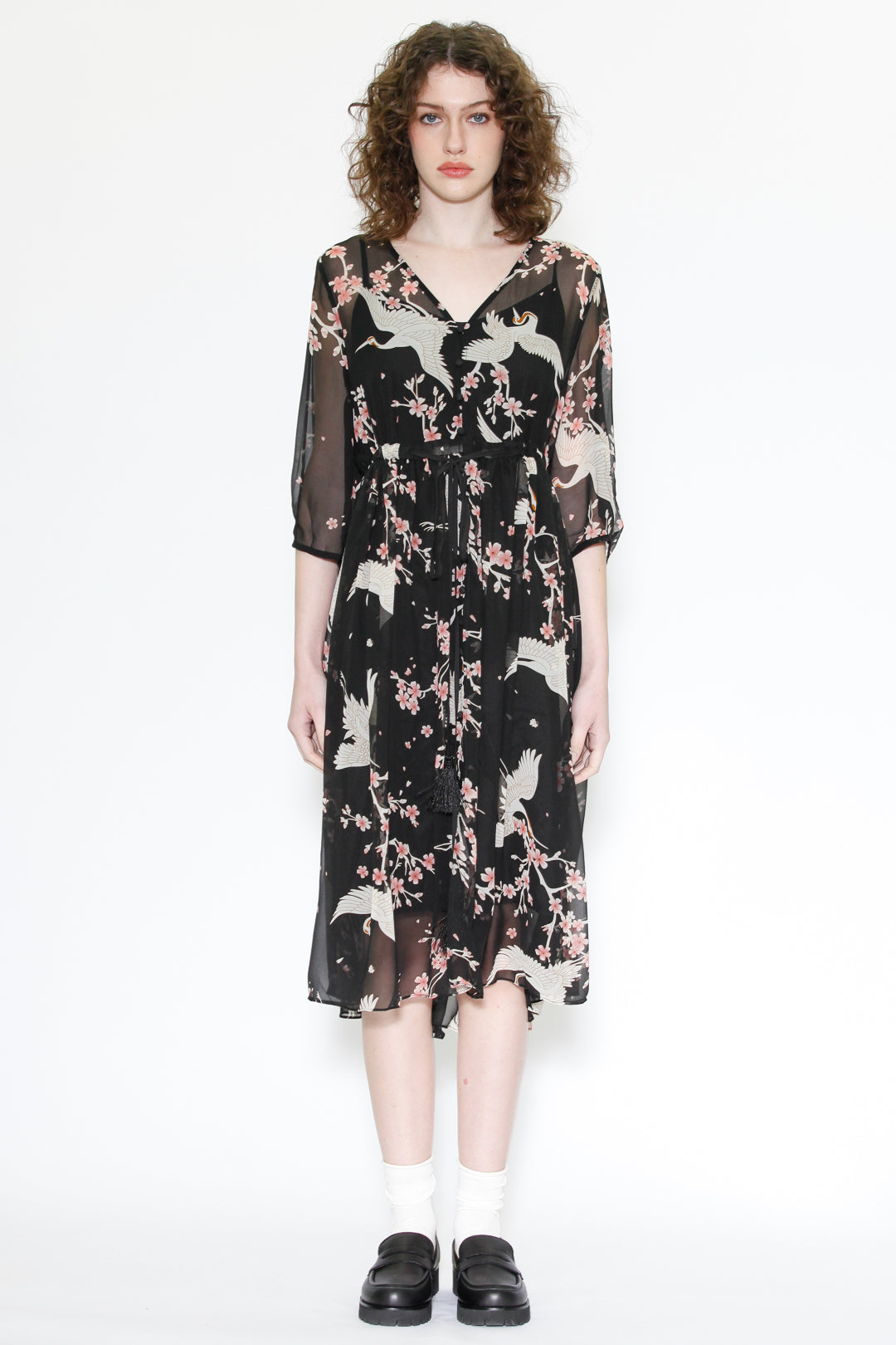 Silk Print Crane Black Midi Dress