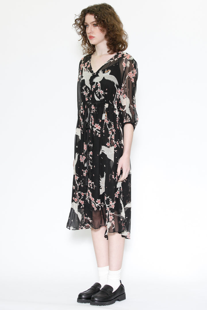 Silk Print Crane Black Midi Dress