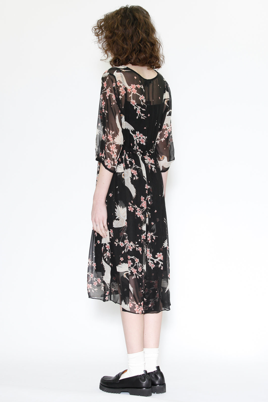 Silk Print Crane Black Midi Dress