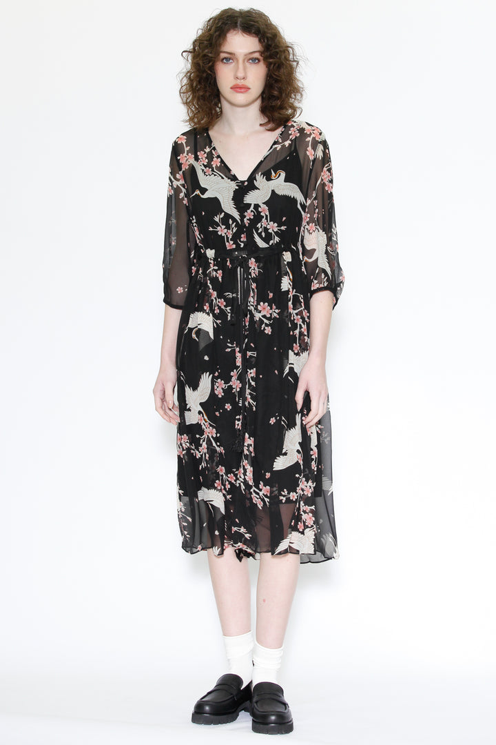 Silk Print Crane Black Midi Dress