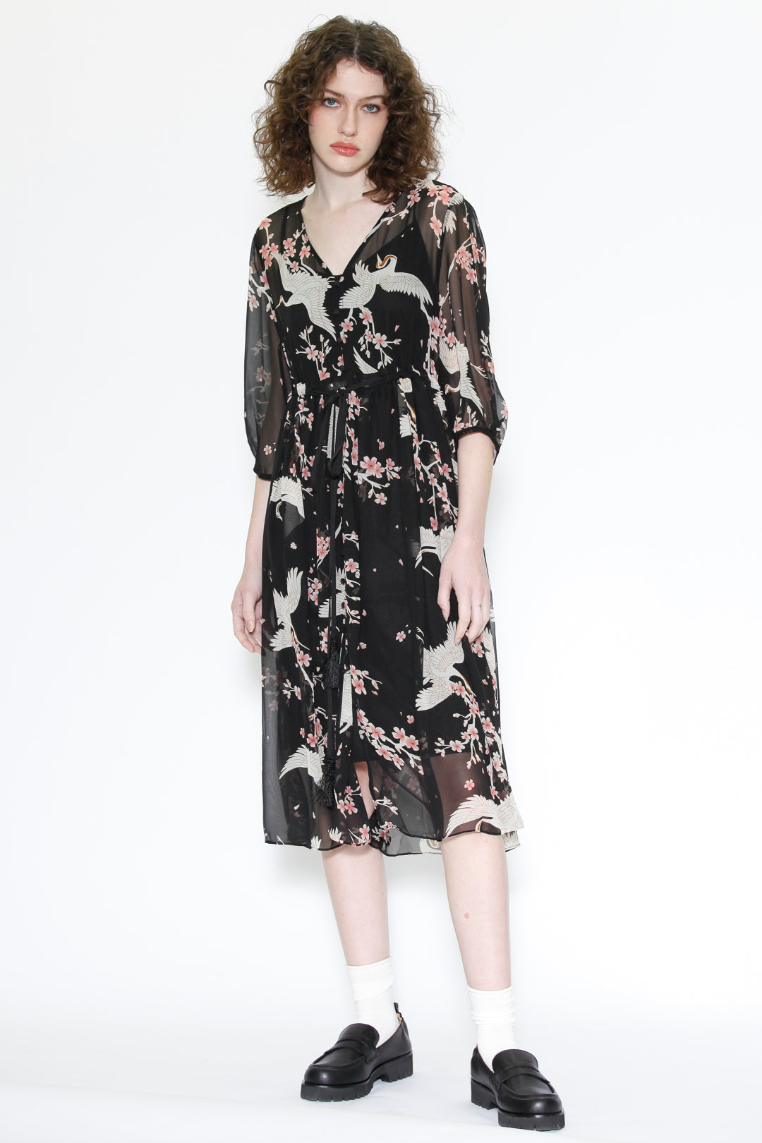 Silk Print Crane Black Midi Dress