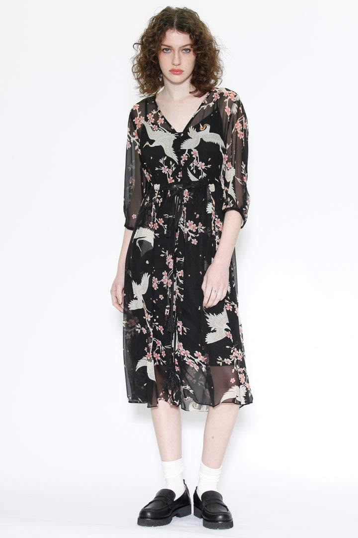 Silk Print Crane Black Midi Dress