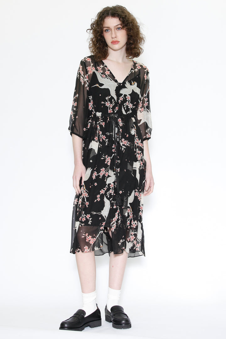 Silk Print Crane Black Midi Dress