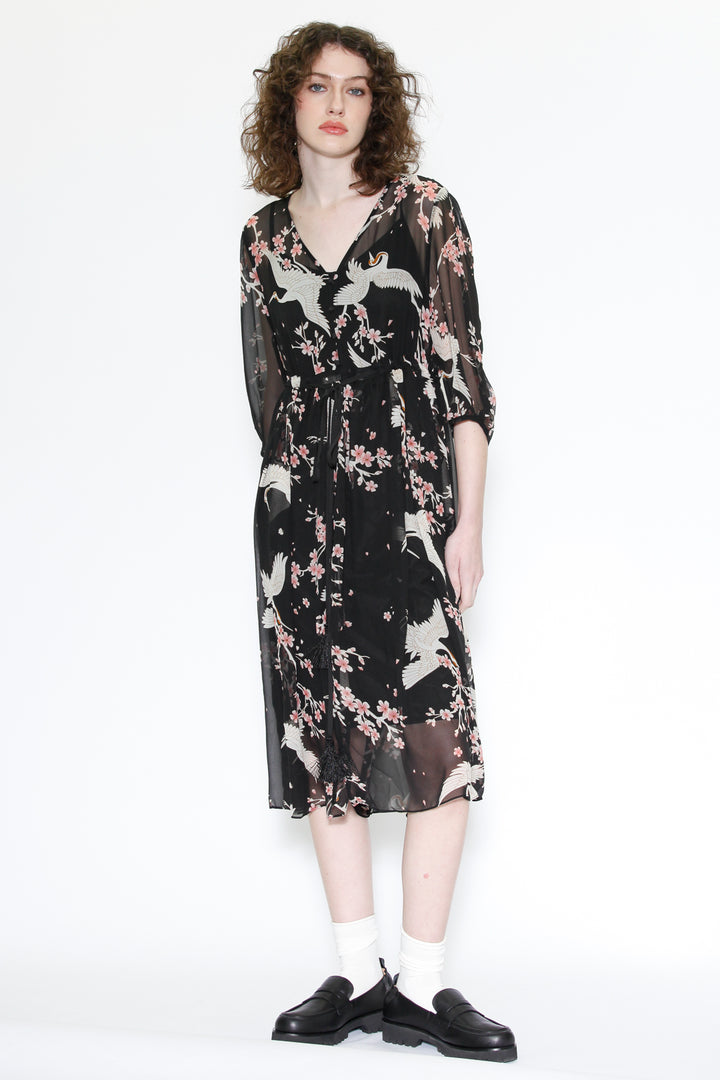 Silk Print Crane Black Midi Dress