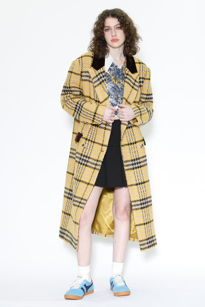 Heavy Wool Yellow Houndstooth Plaid Coat