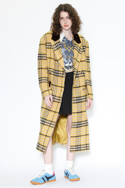 Heavy Wool Yellow Houndstooth Plaid Coat