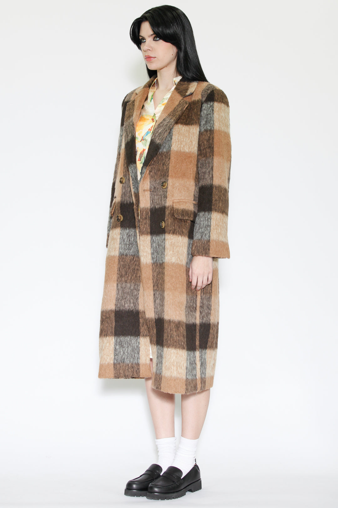 Heavy Wool Camel Brown Plaid Coat