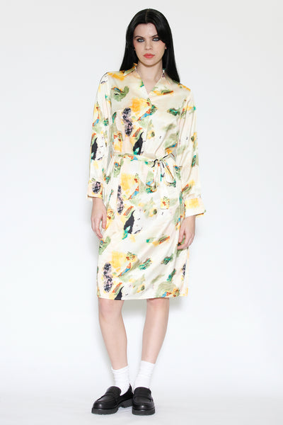 Silk Art Print Beige Button-Down Dress