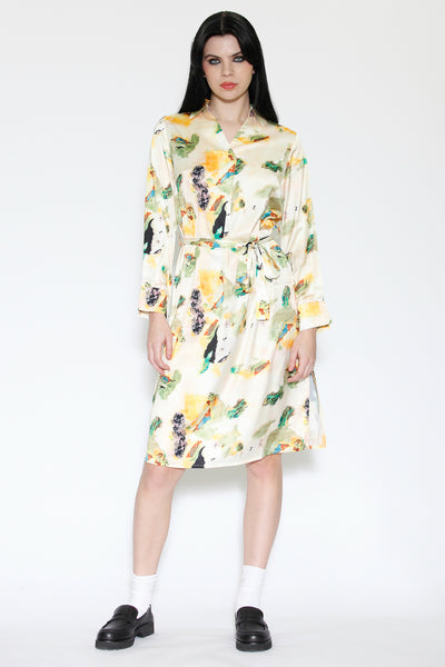 Silk Art Print Beige Button-Down Dress