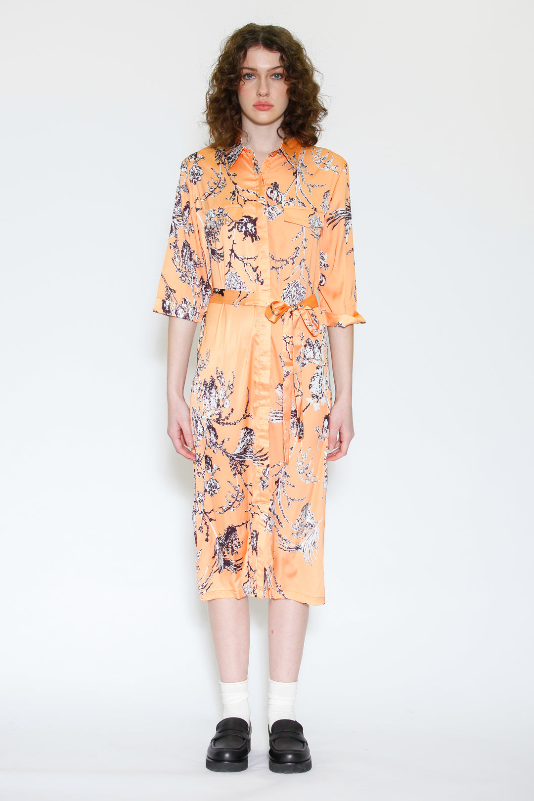 Silk Print Orange Floral Button-Down Dress