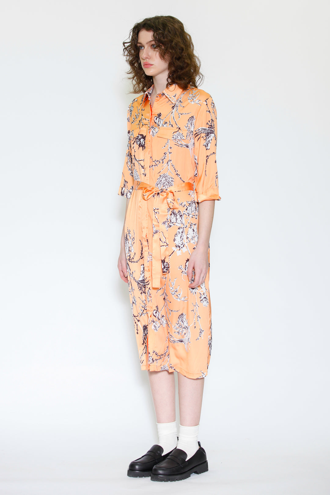 Silk Print Orange Floral Button-Down Dress