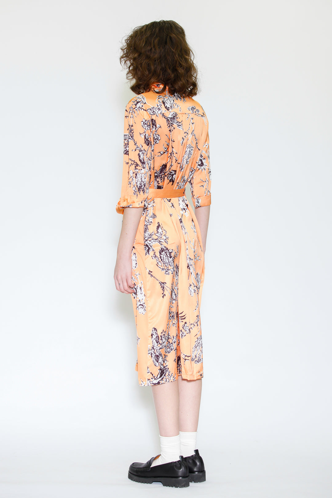 Silk Print Orange Floral Button-Down Dress