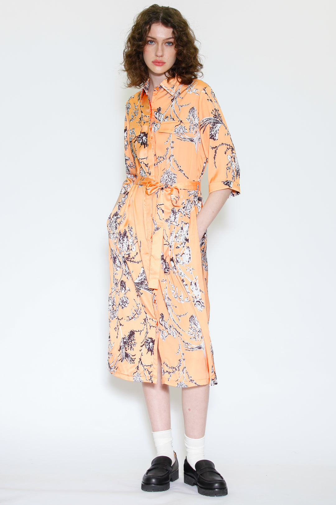 Silk Print Orange Floral Button-Down Dress