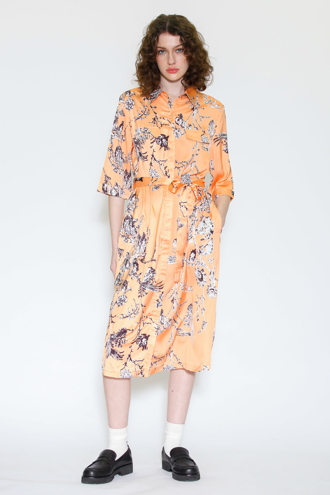 Silk Print Orange Floral Button-Down Dress