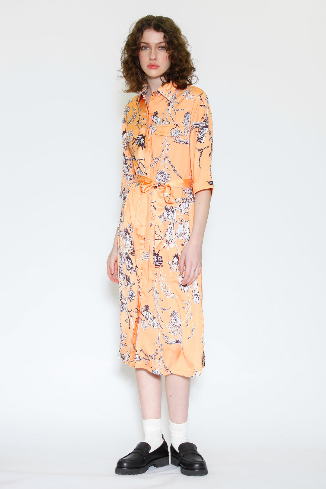 Silk Print Orange Floral Button-Down Dress