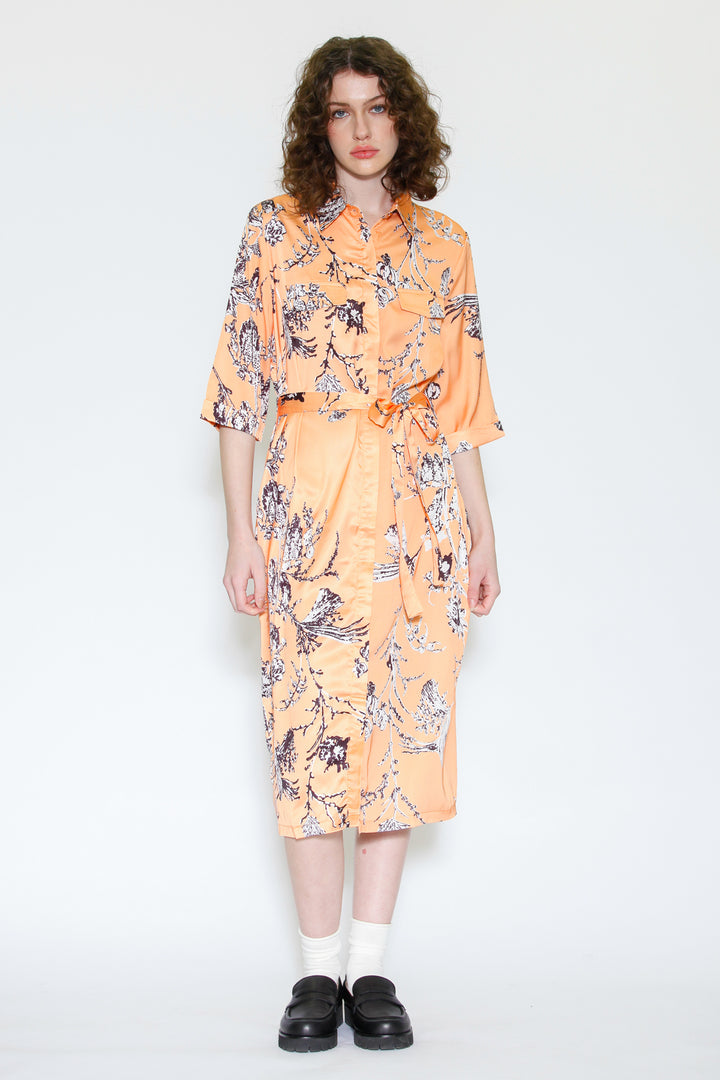 Silk Print Orange Floral Button-Down Dress