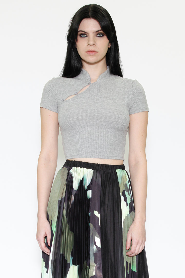 Grey Knit Qipao Collar Crop Top