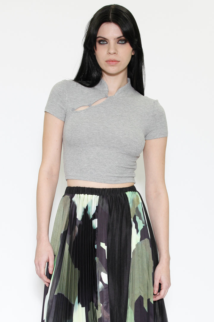 Grey Knit Qipao Collar Crop Top