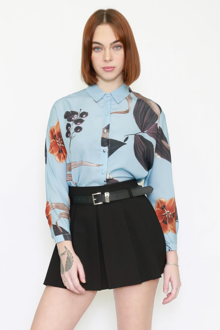 Silk Printed Floral Blue Shirt