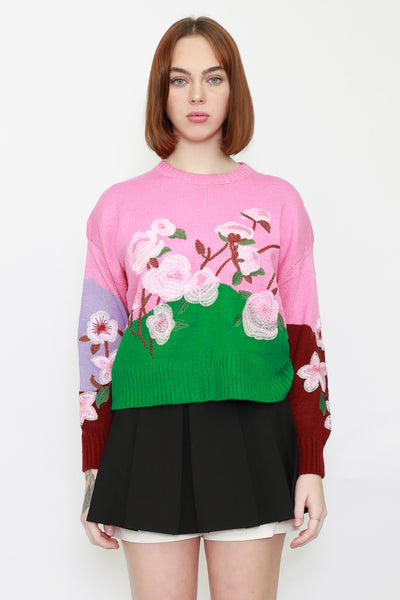 Wool Embroidery Pink Floral Sweater