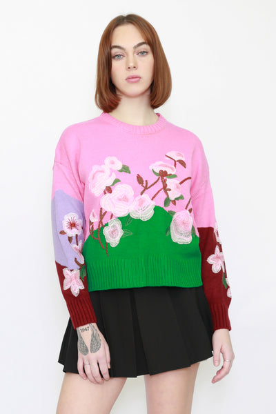 Suéter Floral Rosa Bordado em Lã