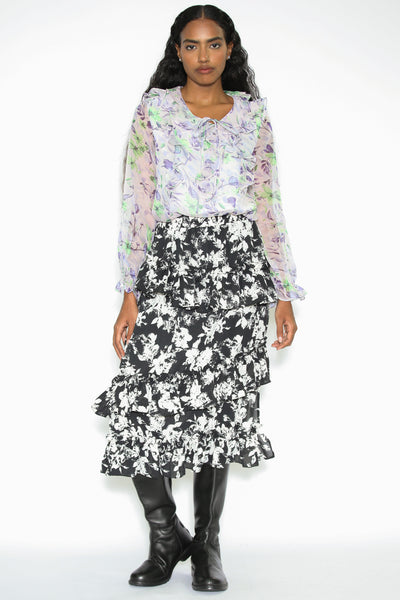 Silk Print Black White Raffle Layer Skirt