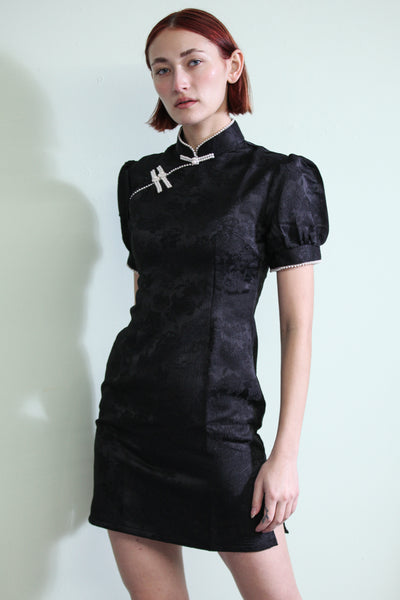 Black Qipao Mini Dress with Pearls