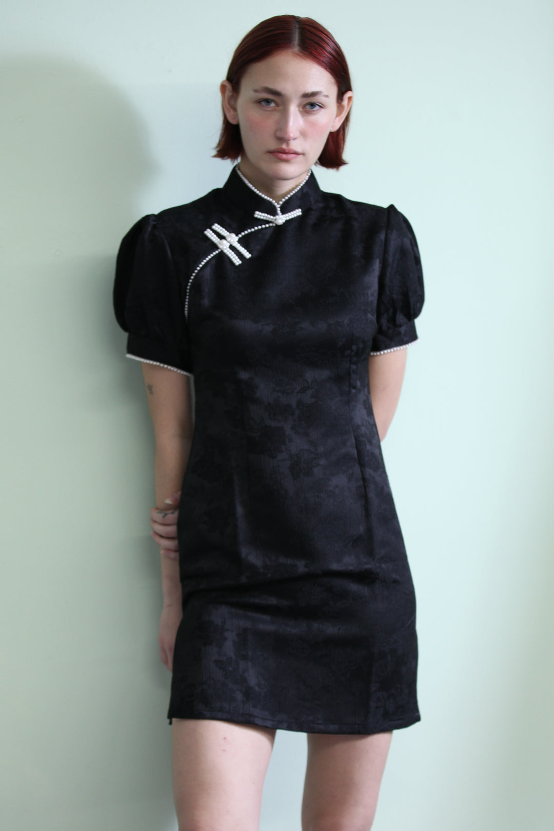 Snow Xue Gao Black Qipao Mini Dress with Pearls M Snow Xue Gao Black Qipao Mini Dress with Pearls M