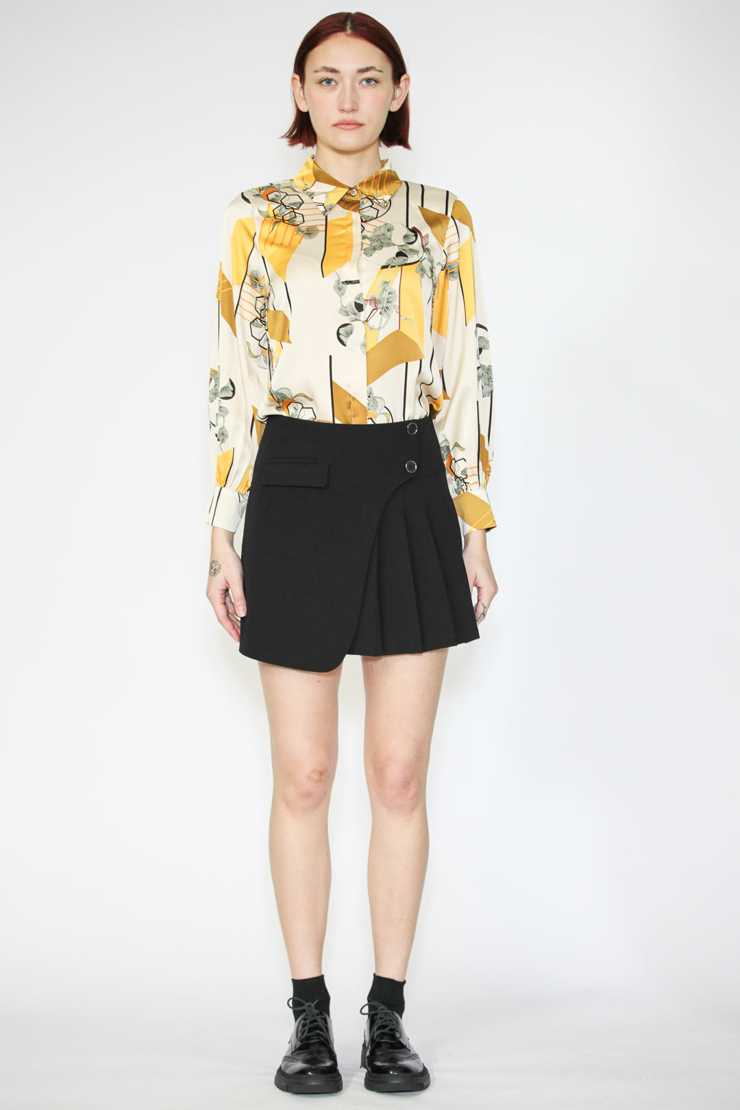 Wool Black Pleated Wrap Mini Skirt - Main Image