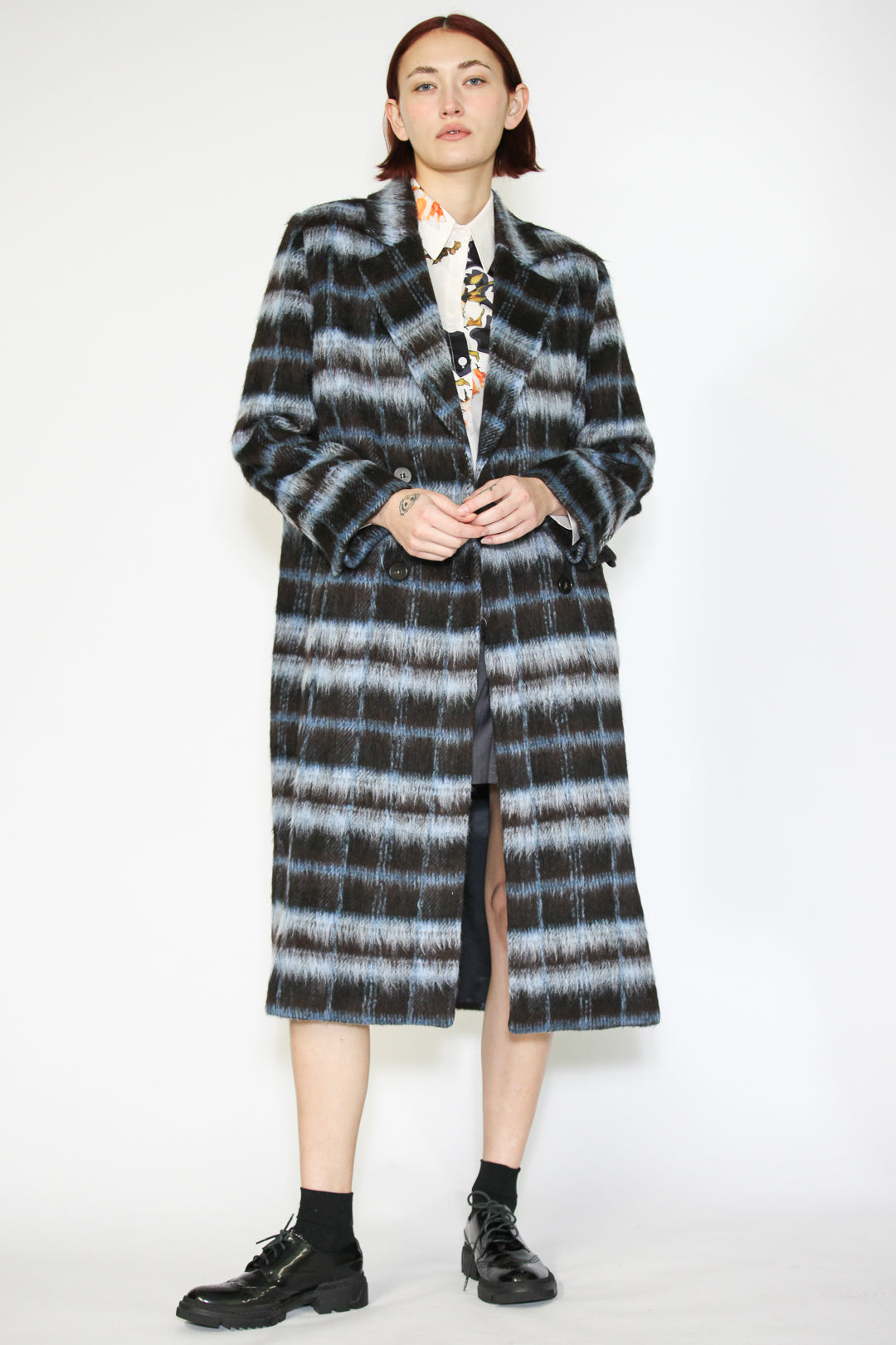 Heavy Wool Navy Black Plaid Coat