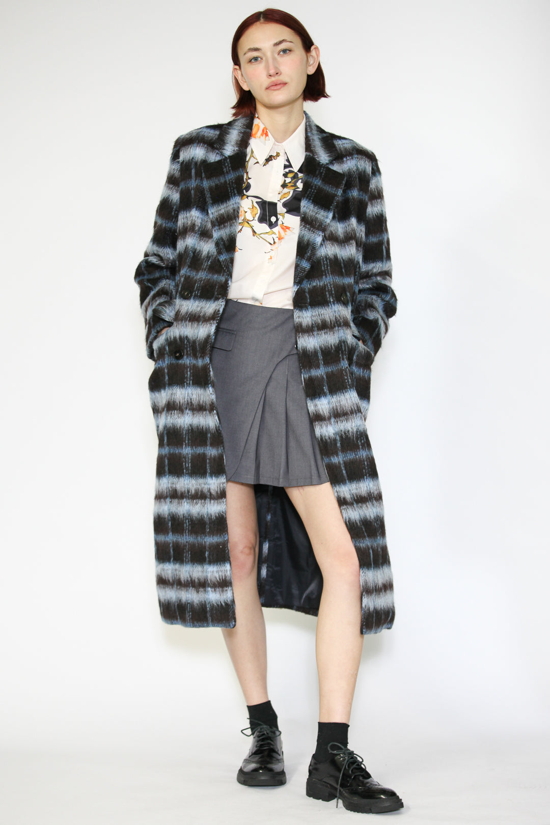 Heavy Wool Navy Black Plaid Coat